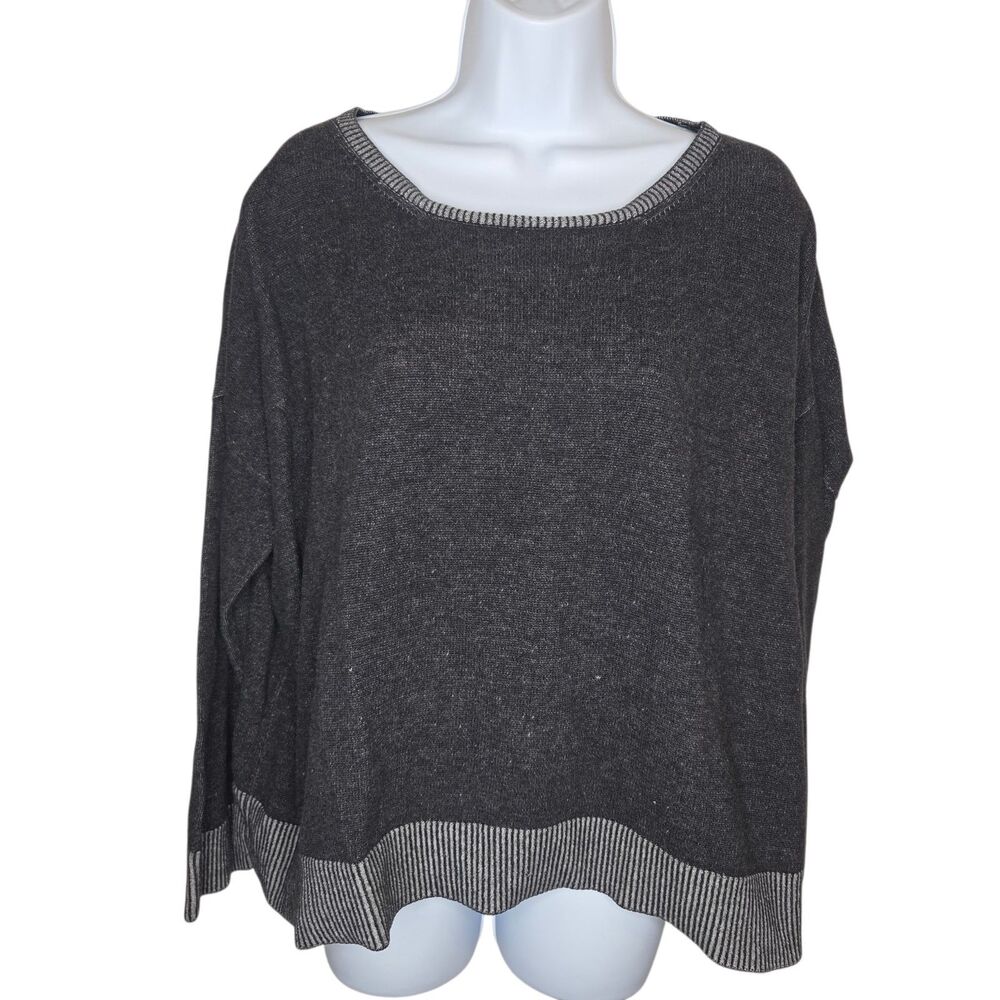Eileen Fisher Organic Cotton Knit Sweater Small Gray Striped Rib Trim Boxy